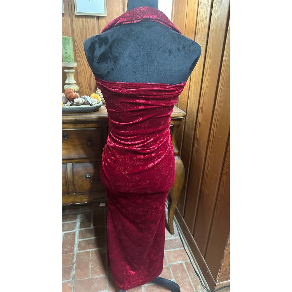 Holiday Party Velvet Slit Hem Halter Neck Party Maxi Dress Burgundy XS Vamp - Picture 5 of 9